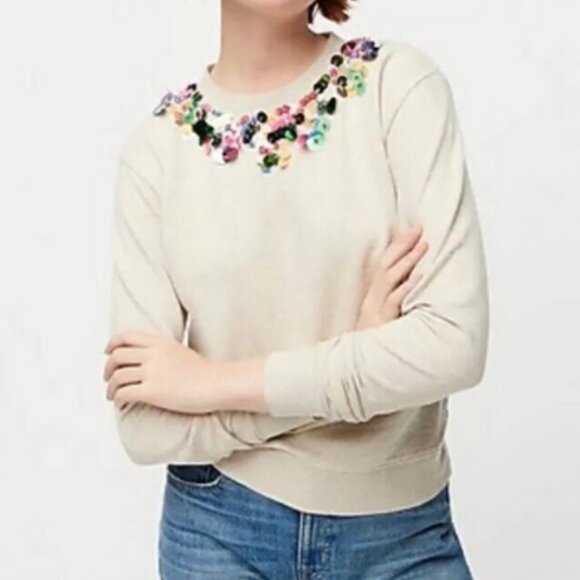 J. CREW Embellished Beaded Sweatshirt Oatmeal Mermaid M - Picture 1 of 16